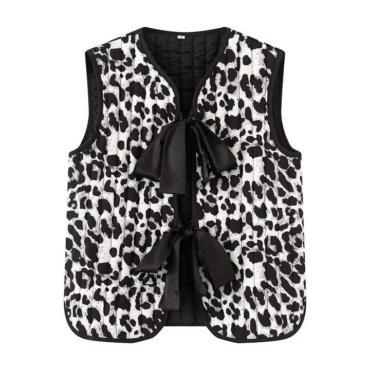 Ladies' padded vests with decorative bow closure and fashionable animal print Mune Fashion