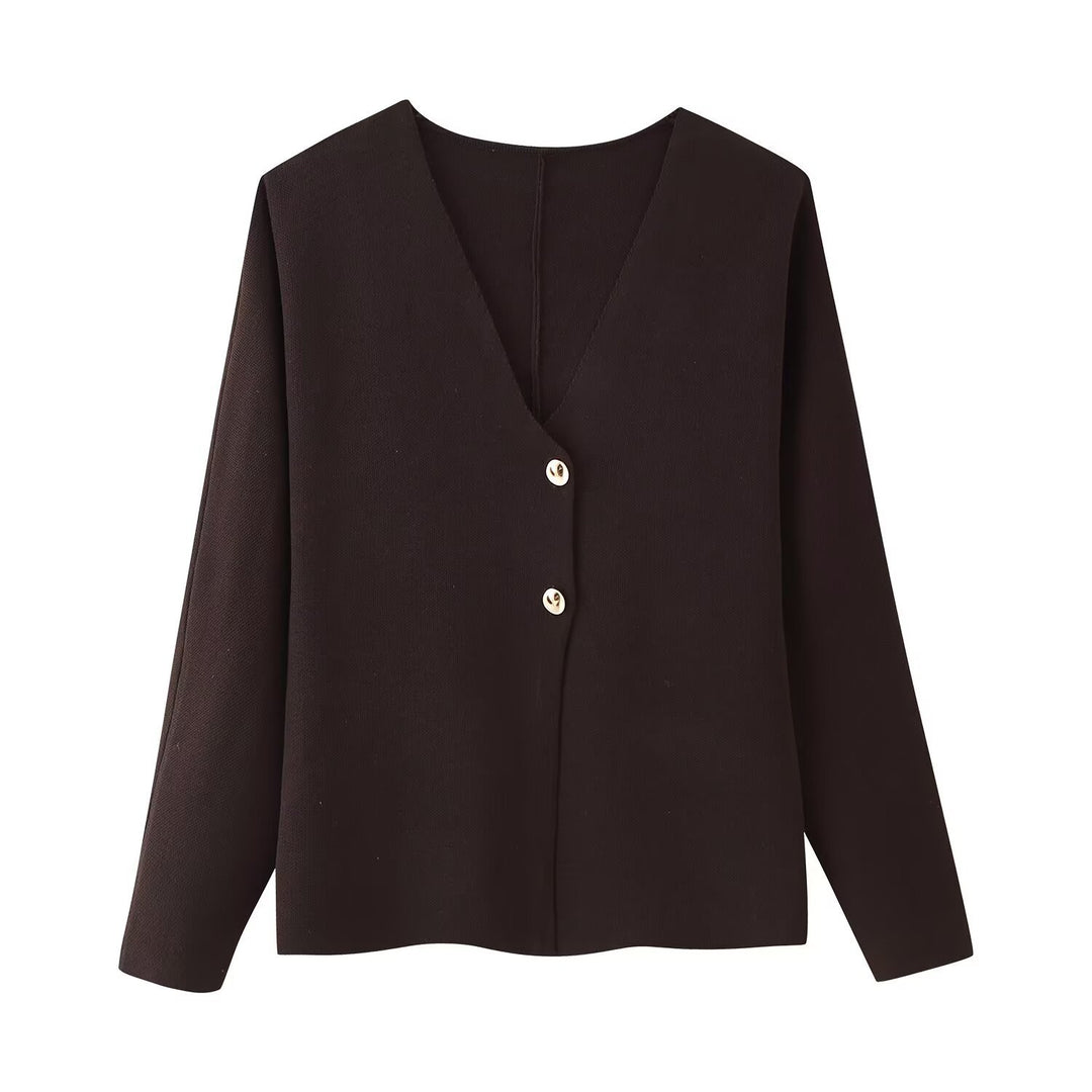 Women's Boxy Fine Knit Jacket with Deep V-Neck and Golden Decorative Buttons Mune Fashion