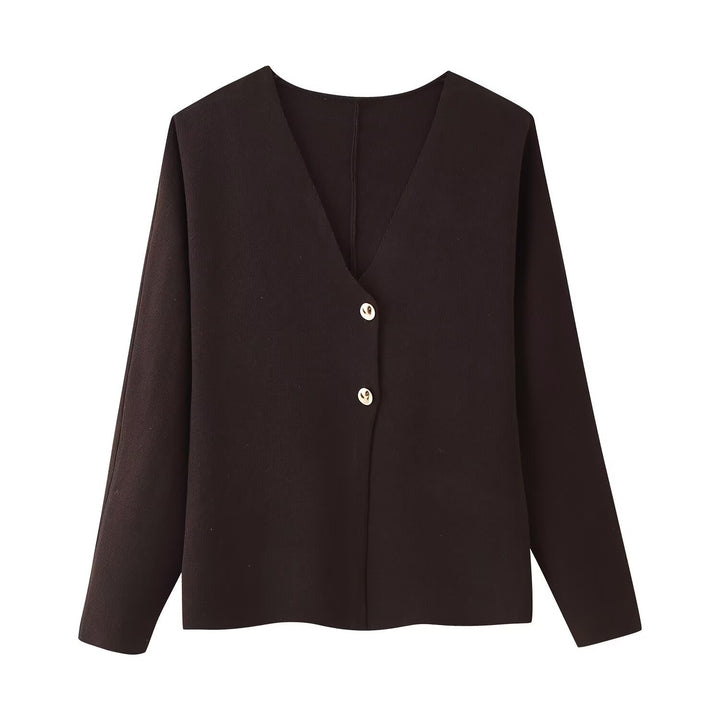 Women's Boxy Fine Knit Jacket with Deep V-Neck and Golden Decorative Buttons Mune Fashion