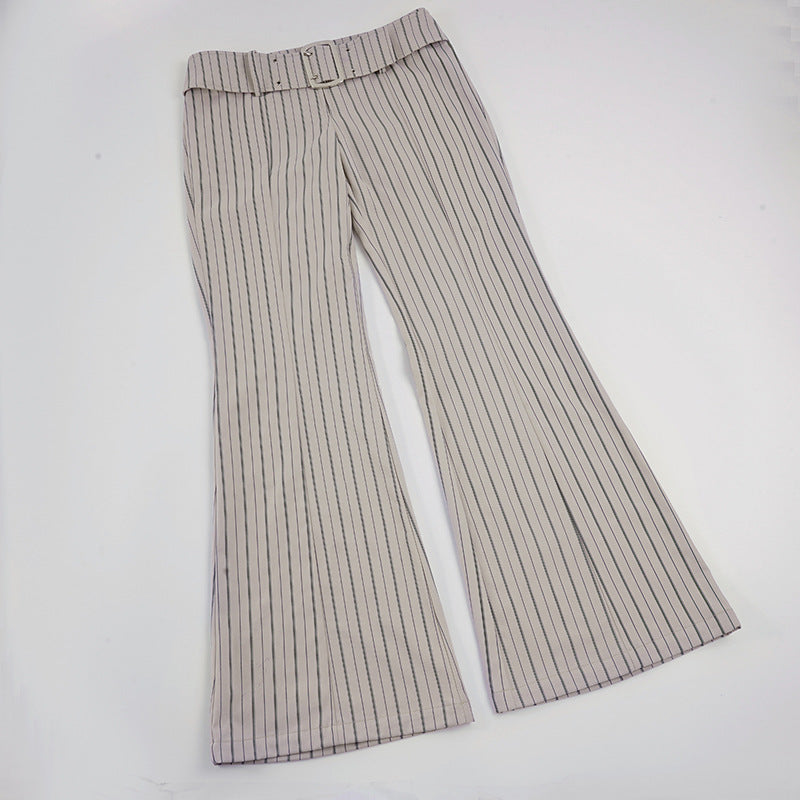 Women’s high-waisted pinstripe flared trousers with wide tie belt and figure-enhancing crease Mune Fashion