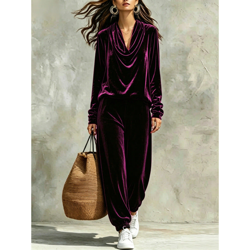 Women's Velvet Lounge Set with Waterfall Collar and Jogger Pants Mune Fashion