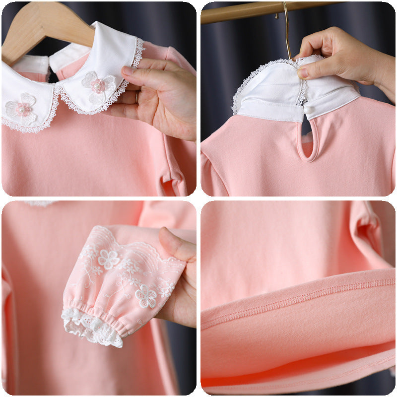Girls' fashionable long-sleeve blouse with romantic collar and fine floral embroidery Mune Fashion