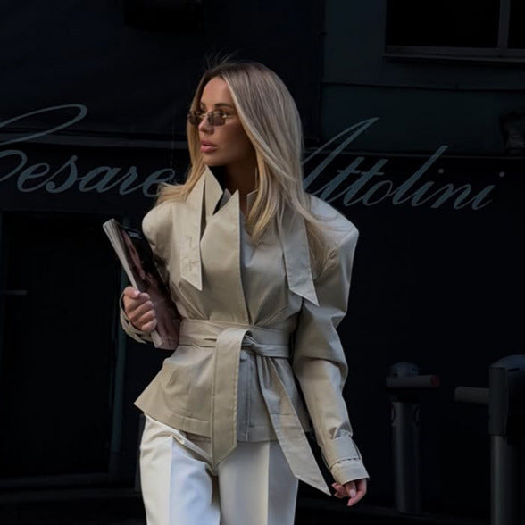 Ladies Short Tailored Trench Coat with Tie Belt and Sculpted Shoulder Silhouette Mune Fashion