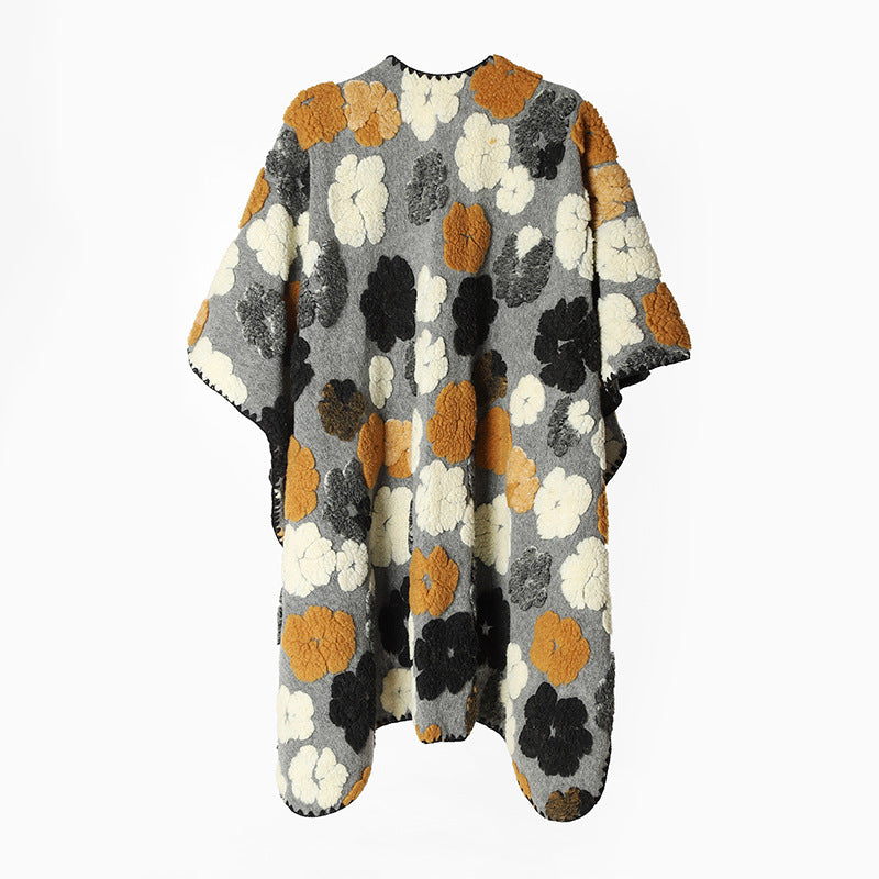Women Floral Wool Blend Throw in Blanket Poncho Style with Textured Flower Jacquard and Decorative Fringe