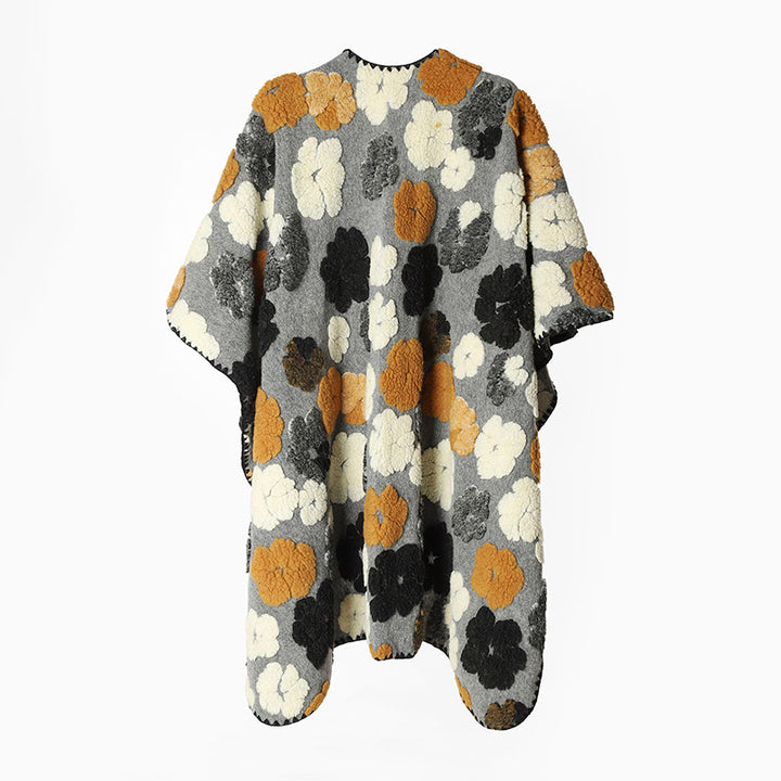 Women Oversize-Cape Poncho with stitched floral relief and overlock seam