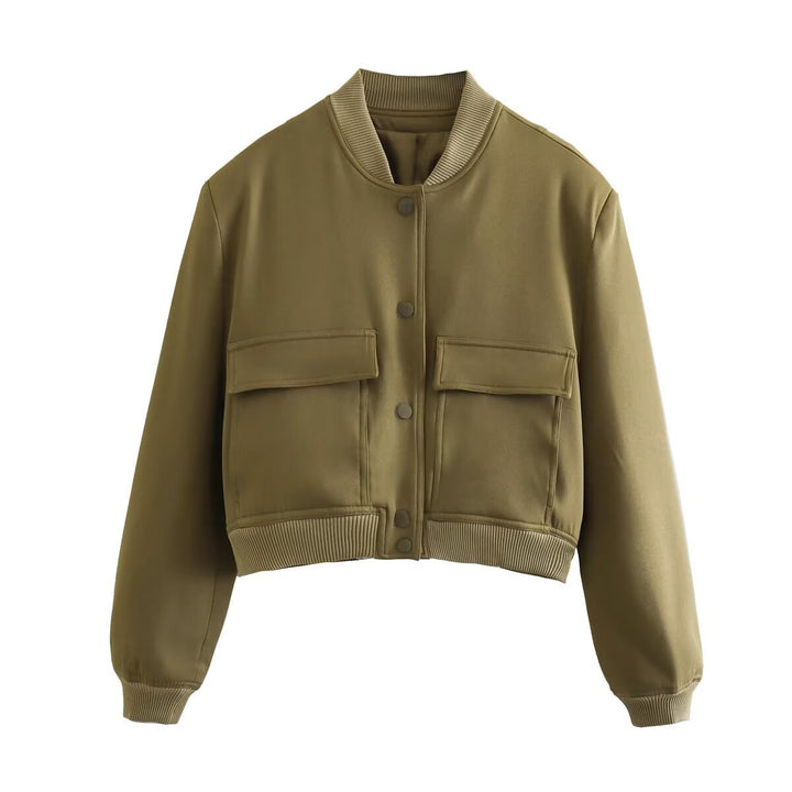 Women’s short cut bomber jacket in boxy fit with large flap pockets and ribbed hem Mune Fashion