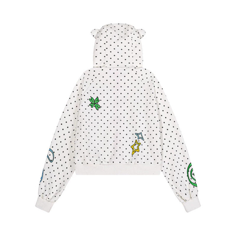 Women's Cozy Hoodie with Ears, Allover Star Pattern and Playful Cartoon Prints