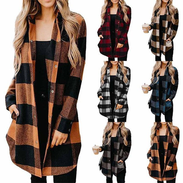Women's Casual Long Blouse In Check Design with Button Placket Mune