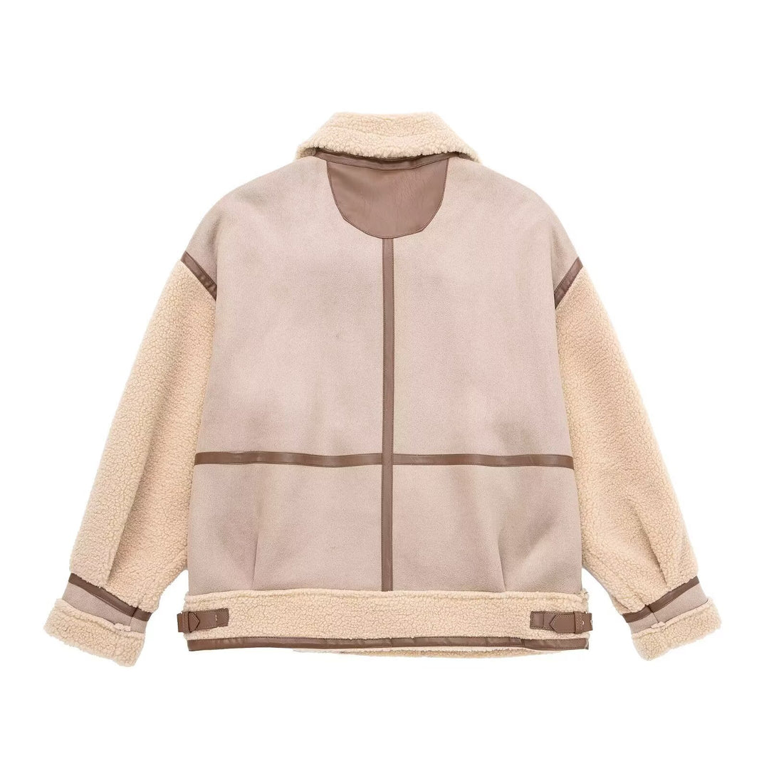 Women's Oversized Flight Jacket with Teddy Lining, Asymmetrical Zip and Faux Leather Details Mune Fashion