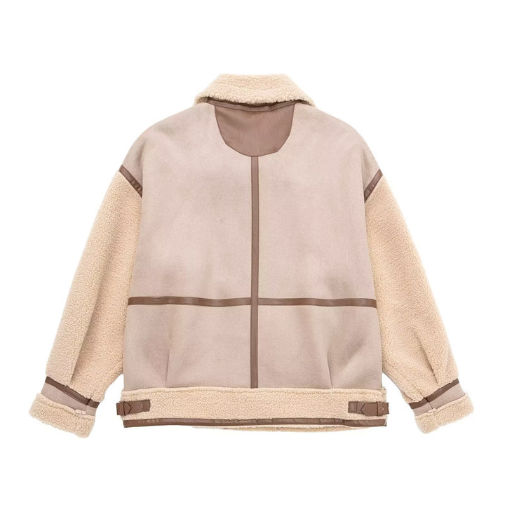 Women's Oversized Flight Jacket with Teddy Lining, Asymmetrical Zip and Faux Leather Details Mune Fashion