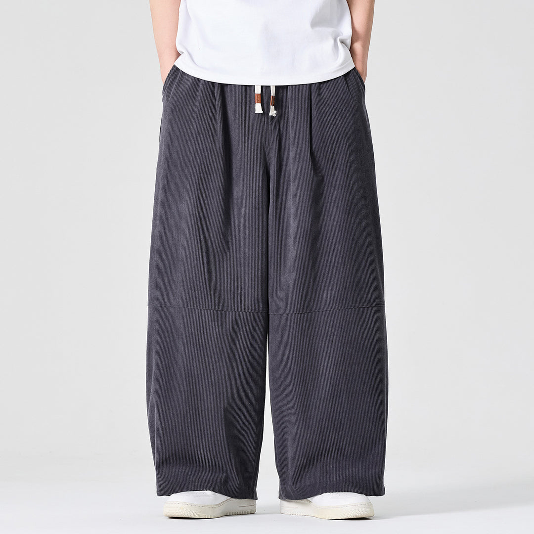 Men's Wide Cord Pants in Palazzo Cut with Elastic Waistband and Drawstring Mune Fashion