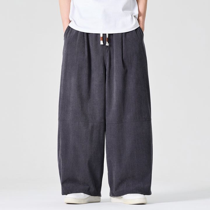 Men's Wide Cord Pants in Palazzo Cut with Elastic Waistband and Drawstring Mune Fashion
