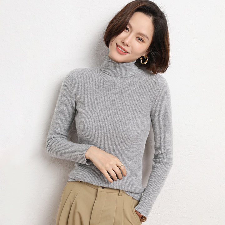 Women's Tailored Fine Knit Turtleneck Sweater with Fine Ribbed Texture and Cashmere Look Mune Fashion