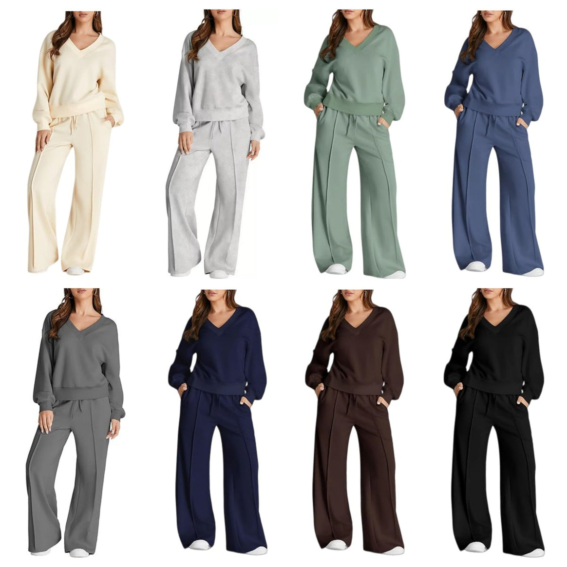 Women's Casual V-Neck Leisure Set with Wide Jogging Pants Mune Fashion