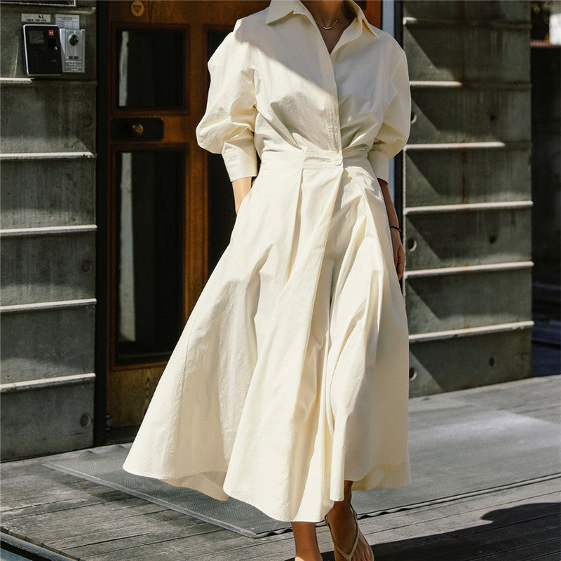 Women's shirt blouse maxi dress with tailored blouson silhouette, bell skirt and concealed side pockets Mune Fashion