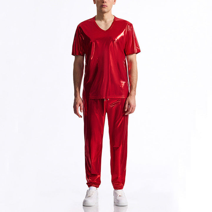 Men's Sporty Set Made Of Shiny Material with V-Neck Mune