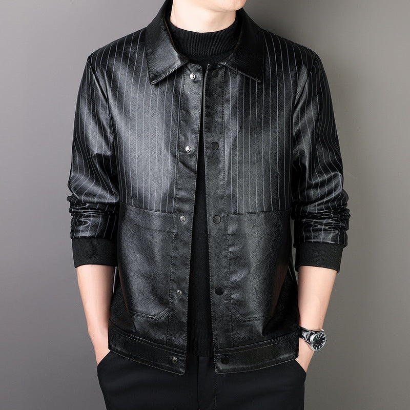 Men's Pinstripe Faux Leather Trucker Jacket with Snap Front and Ribbed Cuffs Mune Fashion