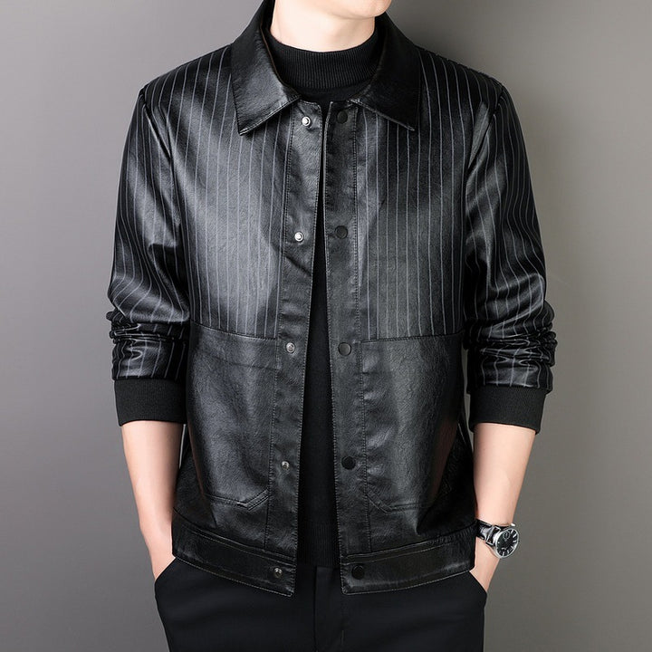 Men's Pinstripe Faux Leather Trucker Jacket with Snap Front and Ribbed Cuffs Mune Fashion