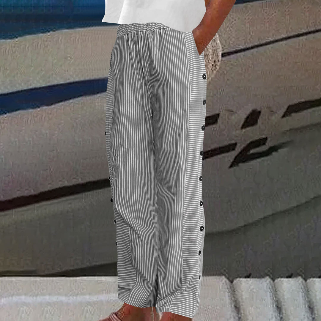 Women Lightweight Striped Trousers with Side Button Plackets and Elastic Waistband Mune Fashion