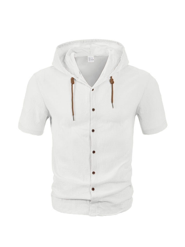 Men's short-sleeve hooded shirt with natural fiber texture, button-up front, and drawstring Mune Fashion