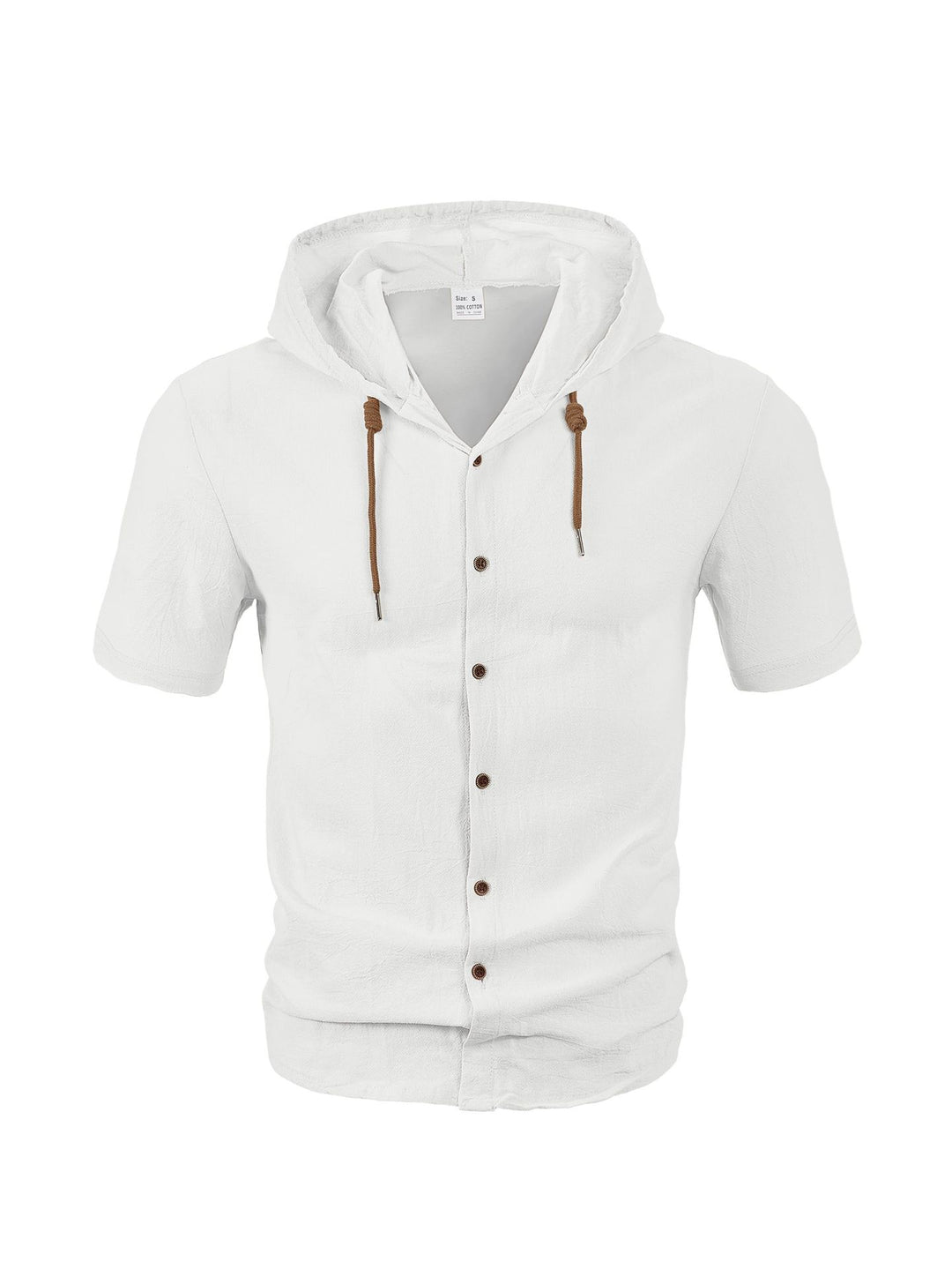 Men's tailored short-sleeve hooded shirt in textured linen look with wood look buttons and drawstring Mune Fashion