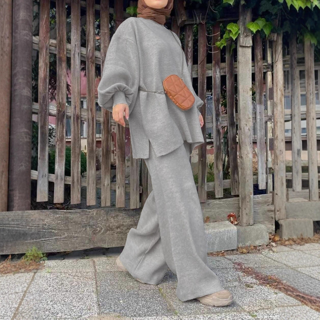 Women's Oversize Knit Set with Balloon Sleeves & Wide Palazzo Pants Leg Mune Fashion