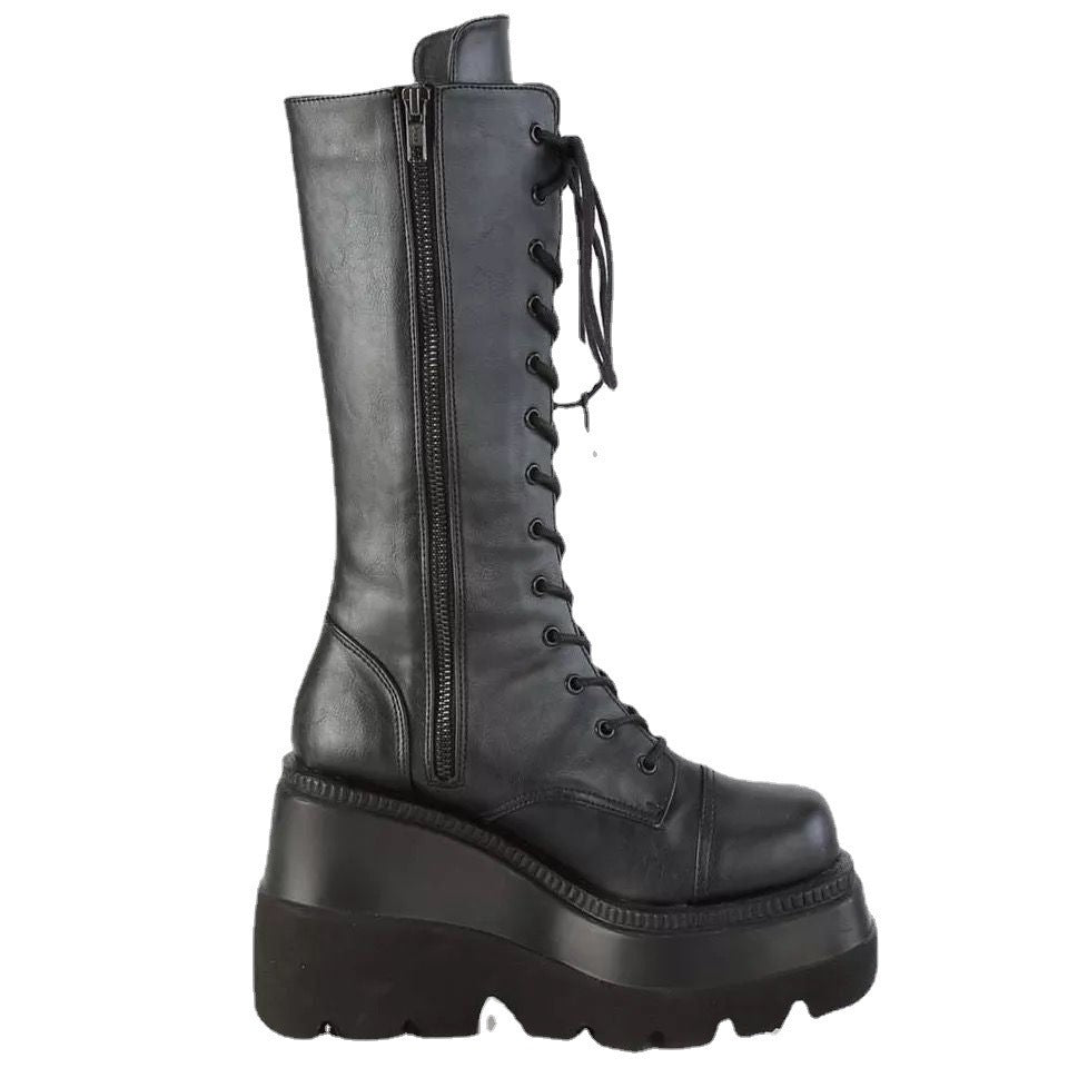 Mune | Women's High-Quality Lace-Up Boots with Platform Heel and Side Zipper