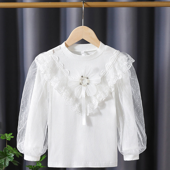 Girls Long Sleeve Shirt with Elegant Tulle Trim and Floral Decoration Mune Fashion