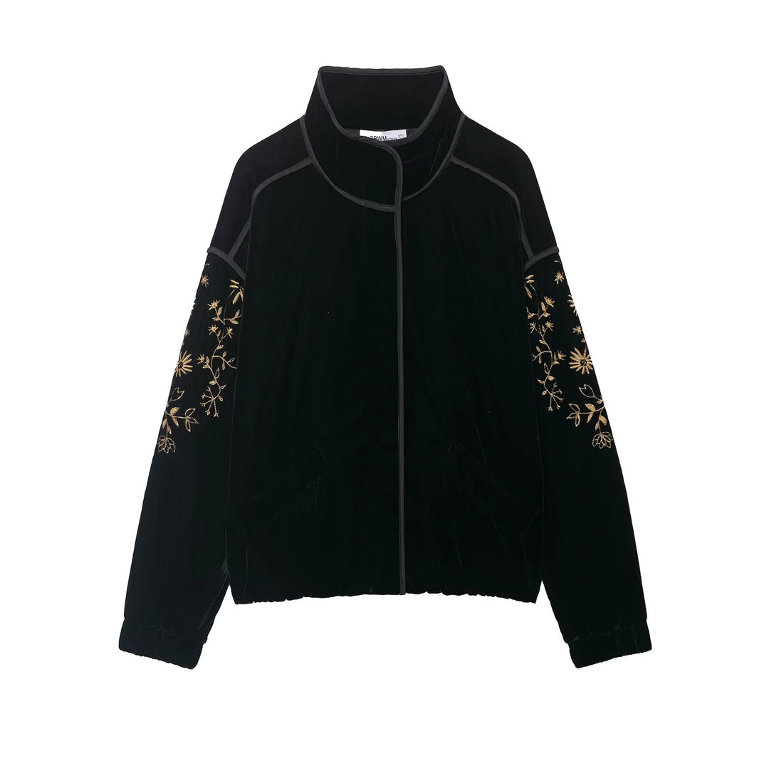 Ladies' velour bomber jacket with embroidered sleeves and stand-up collar Mune Fashion