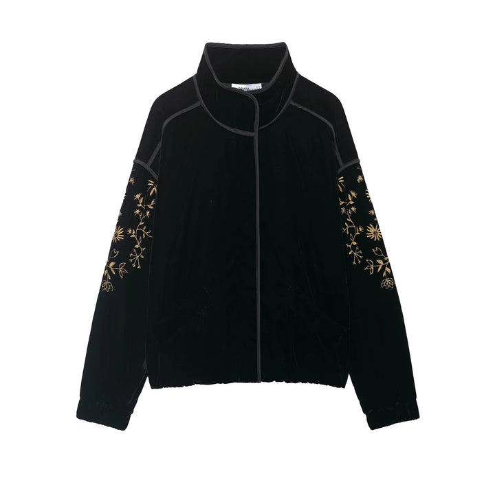Ladies' velour bomber jacket with embroidered sleeves and stand-up collar Mune Fashion