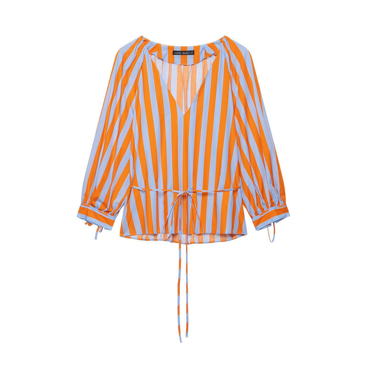 Women's Striped V-Neck Tunic Blouse with Balloon Sleeves and Drawstring Detail