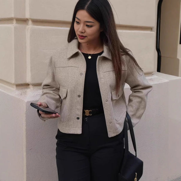Women's Short Wool Jacket In Classic Style with Patch Pockets Mune