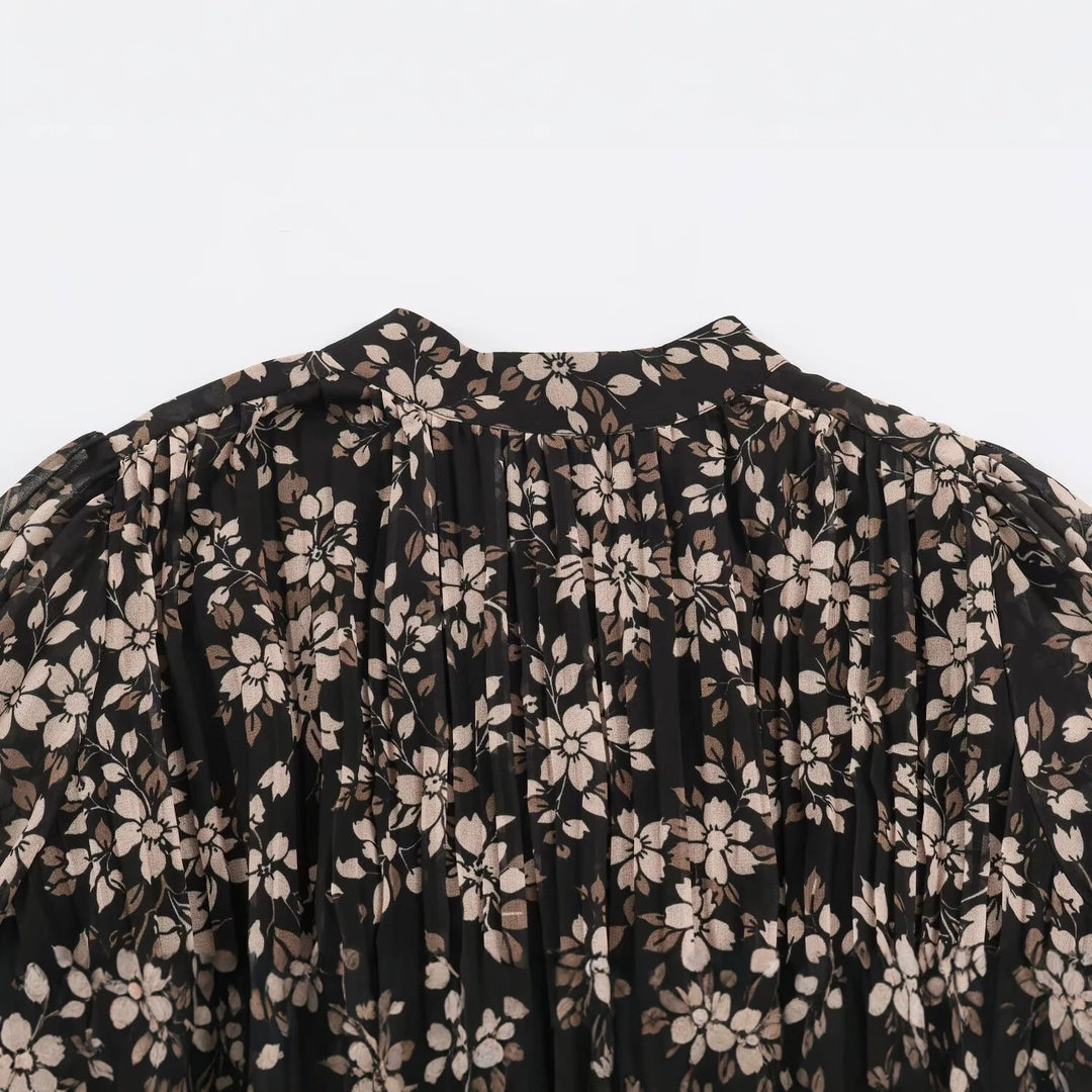 Women Floral Midi Dress with Pleated Top, Stand Collar and Balloon Sleeves Mune Fashion