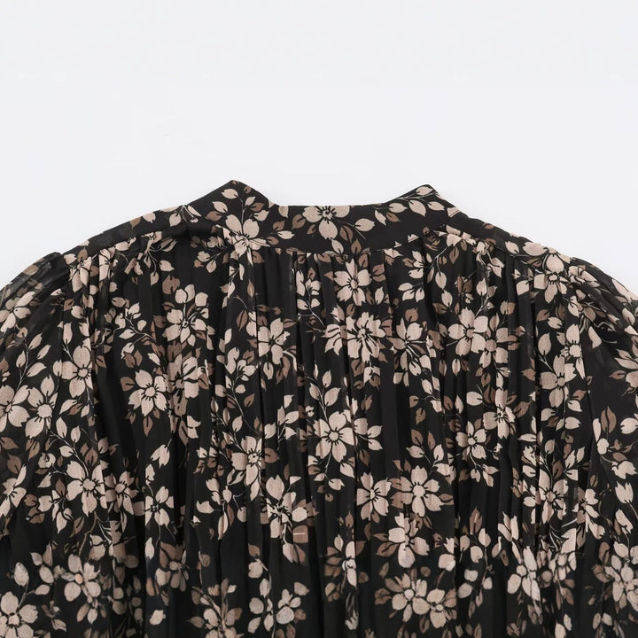 Women Floral Midi Dress with Pleated Top, Stand Collar and Balloon Sleeves Mune Fashion