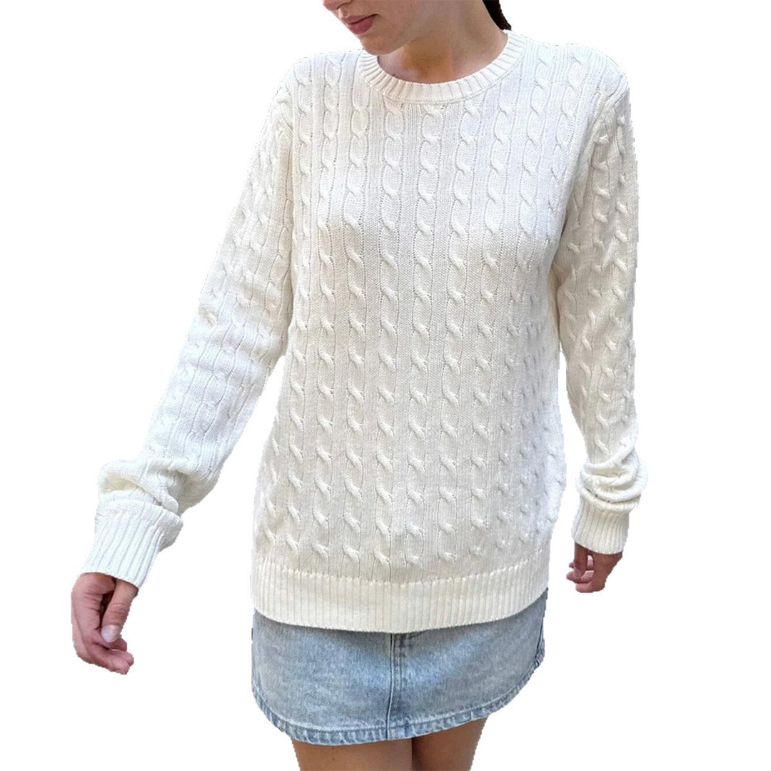 Women's large knitted cable knit sweater with round neckline, relaxed oversized fit, and ribbed cuffs Mune Fashion