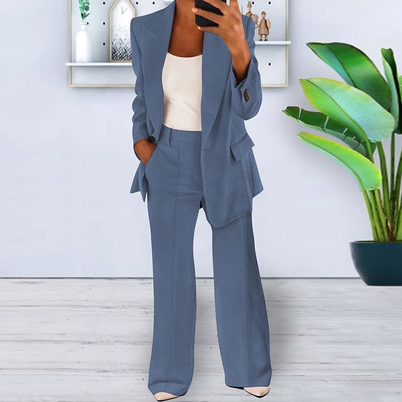 Women’s office-appropriate pantsuit set with wide trousers and tailored blazer Mune Fashion