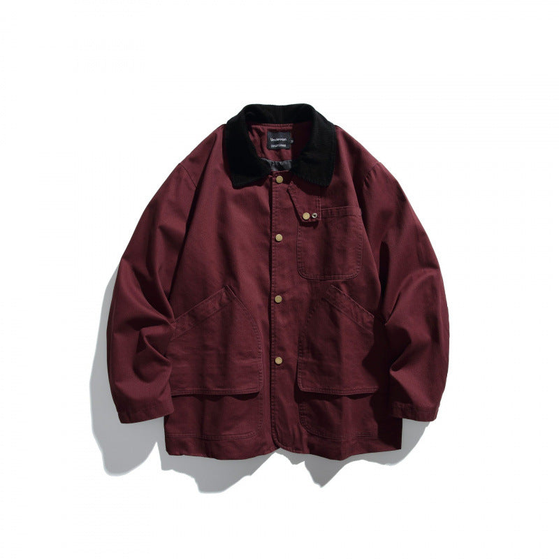 Men's Canvas Chore Jacket with Cord Collar and Snap Front Mune Fashion