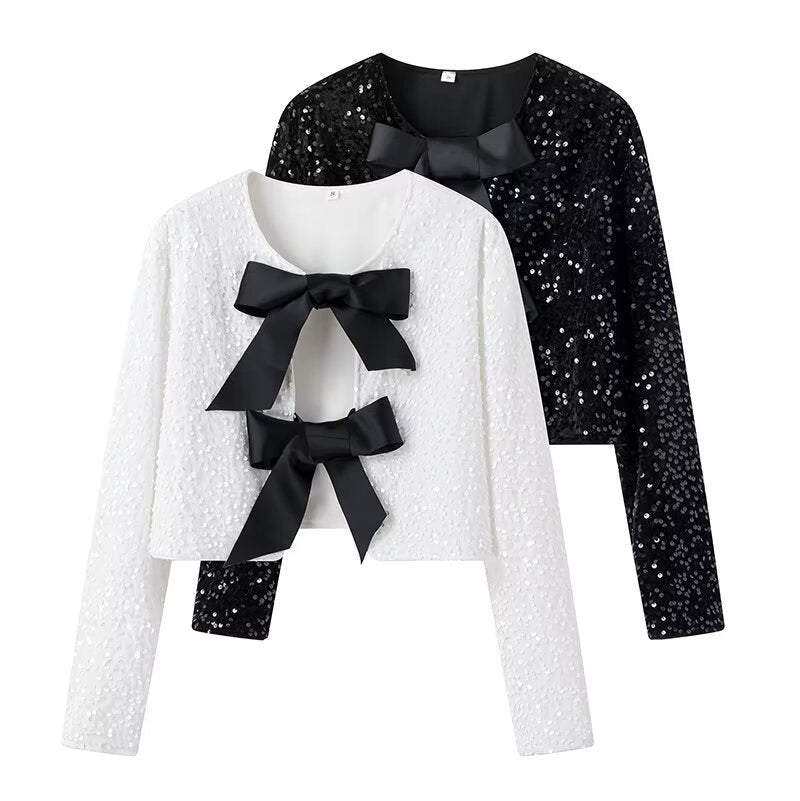 Ladies Short Sequin Jacket with Decorative Bows, Round Neckline and Long Sleeves Mune Fashion