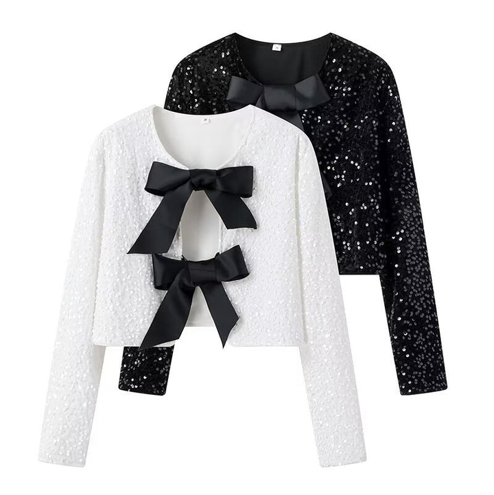 Ladies Short Sequin Jacket with Decorative Bows, Round Neckline and Long Sleeves Mune Fashion