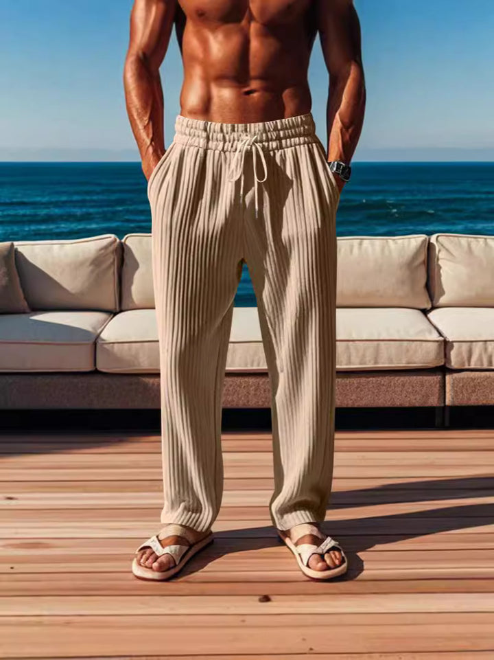 Men's casual ribbed leisure pants with drawstring waistband, side pockets, and straight leg Mune Fashion