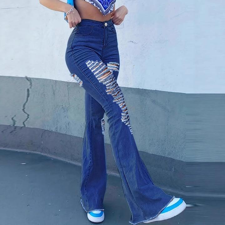 Ladies High-Waist Flared Jeans with large distressed rips and sculpting comfort waistband Mune Fashion