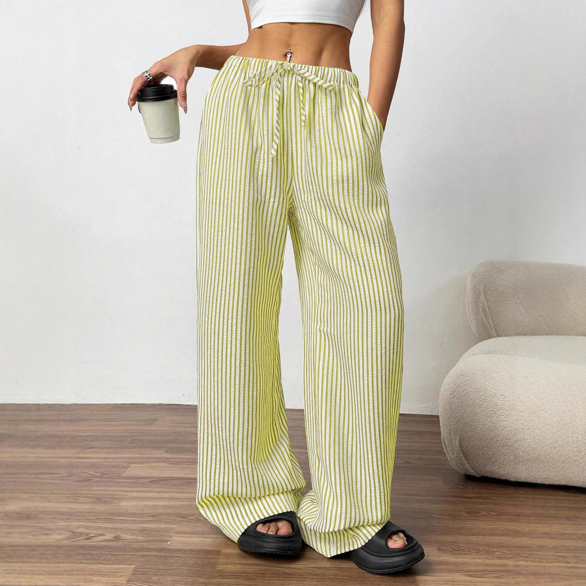 Women's Wide High Waist Pants with Drawstring Stripes Linen Look and Side Pockets Mune Fashion