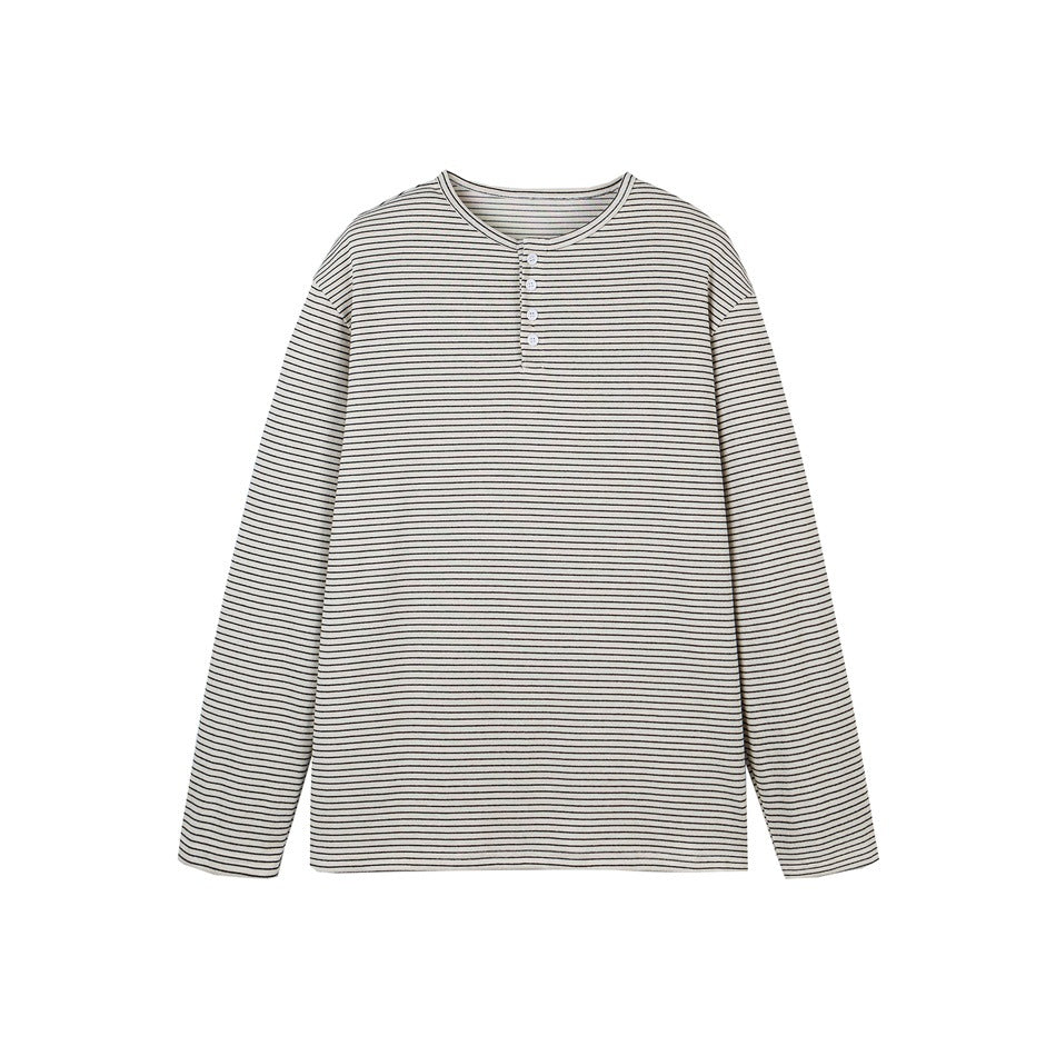 Unisex Striped Henley Long Sleeve Shirt in Oversize Relaxed Fit with Button Placket Mune Fashion