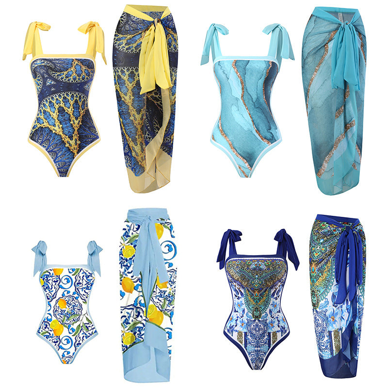 Damen Wickelrock mit elegantem Aquarell-Muster und Bindegürtel Echo Archiv