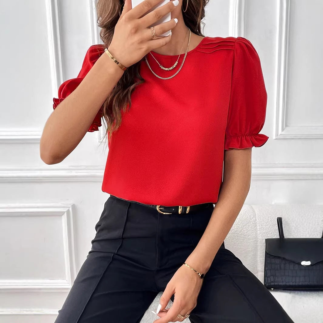 Ladies Elegant Chiffon Blouse with Puff Sleeves and Decorative Shoulder Pleats Mune Fashion