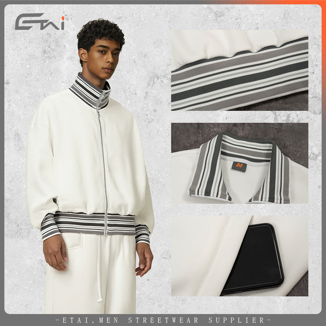 Unisex Short-cut bomber jacket with striped ribbed cuffs and stand-up collar Mune Fashion
