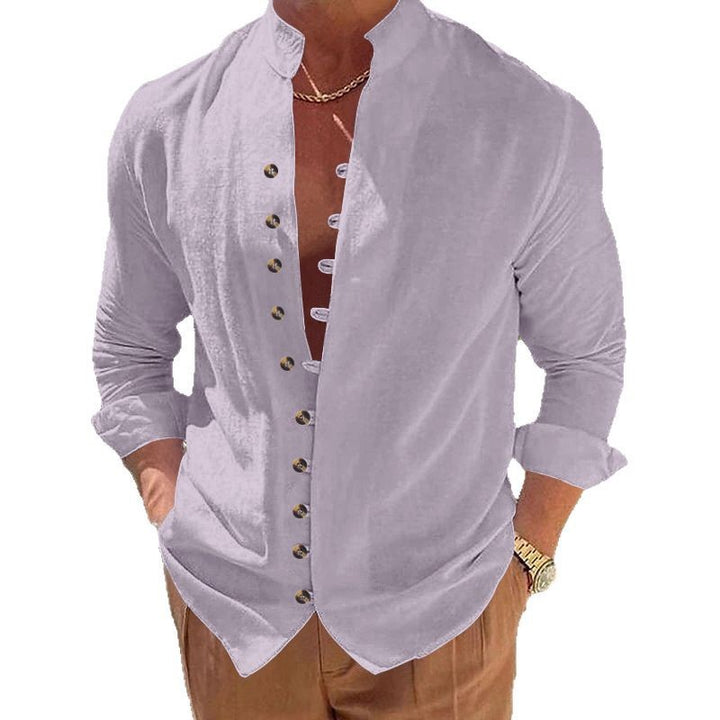 Men's long-sleeved stand-collar shirt made from a lightweight linen-viscose blend with asymmetric decorative button placket Mune Fashion