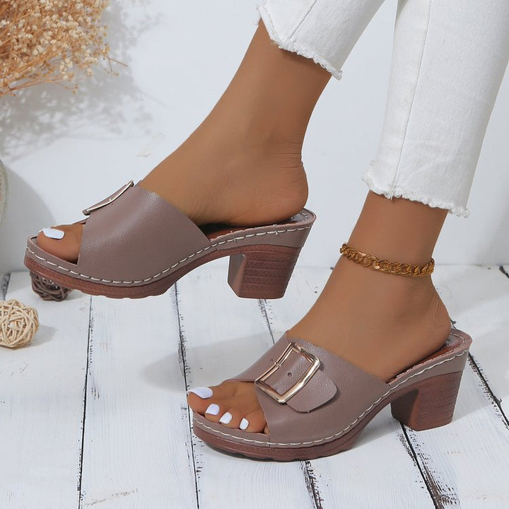 Damen Offene Slip-On Mules mit mittelhohem Blockabsatz und großer Zierschnalle Mune Fashion