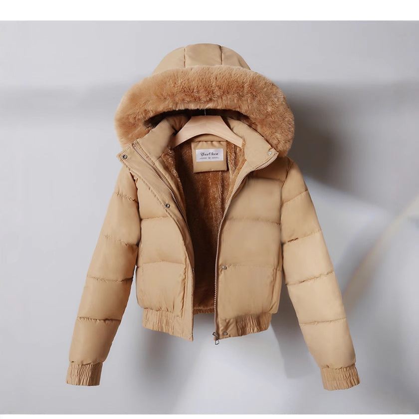 Ladies' short padded hooded jacket with faux fur trim, elastic hem, and concealed zipper Mune Fashion