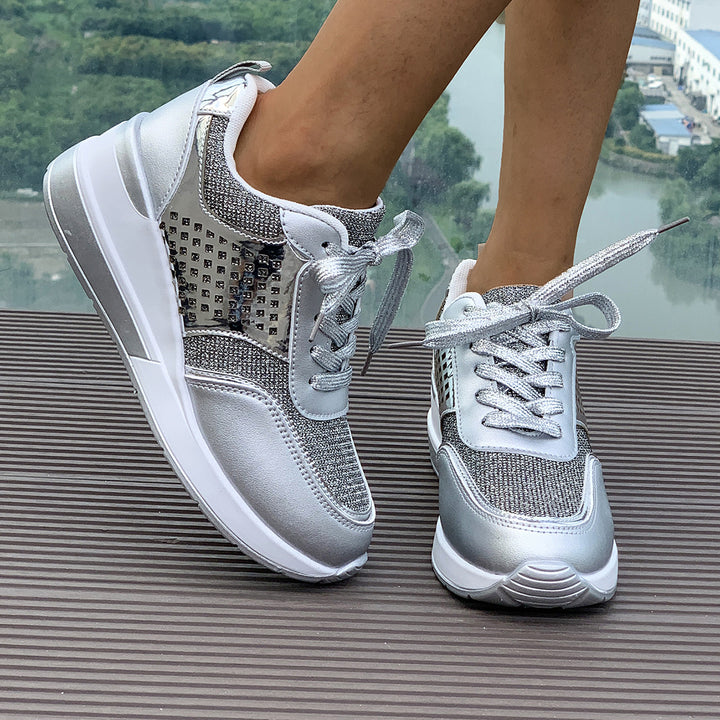 Women stylish wedge sneakers with metallic look large decorative stones and padded comfort footbed Mune Fashion